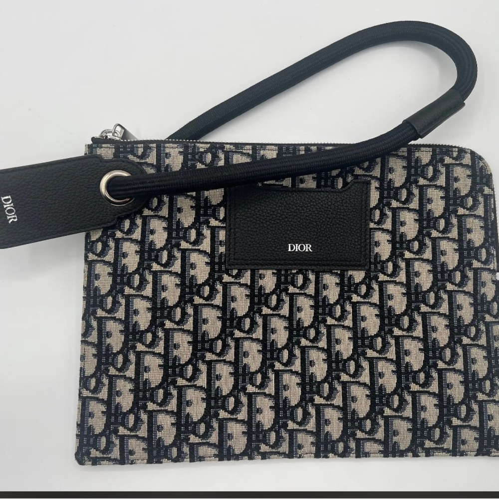 Authentic Dior Clutch Oblique Jacquard Canvas Blue & Black Men/Women Excellent